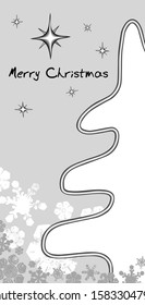 Unusual children's drawing of a card with Christmas tree and snowflakes. Vector black-and-white graphics