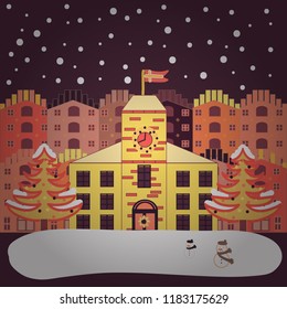 Unusual christmas illustration. Amazing fairy house decorated at christmas style. Vector illustration. Landscape in magical forest. Postcard on brown, white and yellow colors.