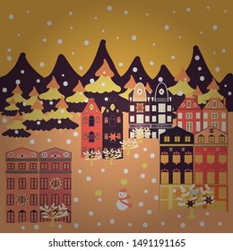 Unusual christmas illustration. Amazing fairy house decorated at christmas style. Postcard on yellow, purple and beige colors. Landscape in magical forest. Vector illustration.
