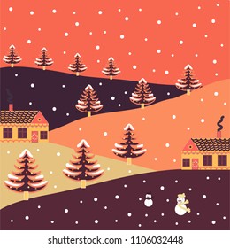 Unusual christmas illustration postcard on orange, brown and purple colors. Vector illustration. Amazing fairy house decorated at christmas in magical forest.