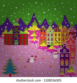 Unusual christmas illustration postcard on green, pink and violet colors. Vector illustration. Amazing fairy house decorated at christmas in magical forest.