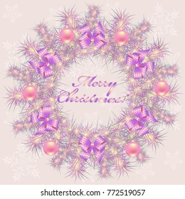 The unusual Christmas and New Year wreath executed in pink, golden and violet color. The text with a wish of Merry Christmas. Any author's text can be used. Extravagant Christmas card. EPS10