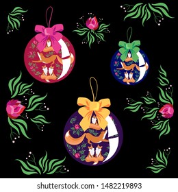 Unusual Christmas toy with a Fox. Christmas ball with foxes. New year