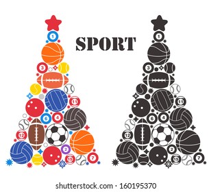 Unusual Christmas Tree vintage style. Isolated Christmas Tree with sport balls on white background