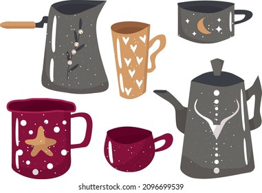 An unusual coffee set. Mugs for tea and coffee. Vector illustration in cartoon style. Ginger coffee, sea buckthorn tea. A delicious drink. A turk for making coffee. Scandinavian style. Teapot.