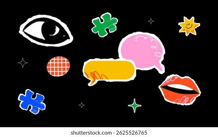An unusual collage with an eye, speech bubbles, puzzle pieces, lips and stars. Stylized cut out composition for communication topics.