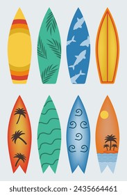 Unusual colorful surfboards, surfing beach hawaiian surfer wooden board decoration, surf bodyboarding object set neat vector illustration surfboard for beach