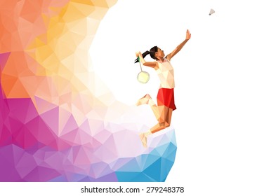 Unusual colorful triangle background: Geometric polygonal professional female badminton player, jumping smash