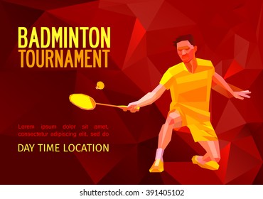 Unusual colorful triangle Geometric polygonal professional badminton player, pattern design, vector illustration with empty space for poster, banner, web,  leaflet, magazine. Shades of red background.