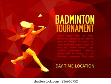 Forma de triángulo de color inusual: Jugador de bádminton profesional geométrico, diseño de patrones, ilustración vectorial con espacio vacío para afiches, banner, web. Plantilla deportiva Badminton