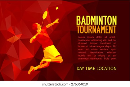 Unusual colorful triangle shape: Geometric polygonal professional badminton player, pattern design, vector illustration with empty space for poster, banner, web. Shades of red background.
