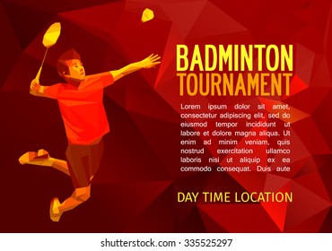 Unusual colorful triangle shape: Geometric polygonal professional badminton player, pattern design, vector illustration with empty space for poster, banner, web. Shades of red background.