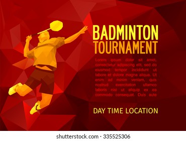 Unusual colorful triangle shape: Geometric polygonal professional badminton player, pattern design, vector illustration with empty space for poster, banner, web. Shades of red background.