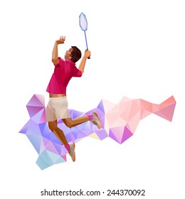 Unusual colorful triangle vector shape: Geometric polygonal professional badminton player,  during smash isolated on white background