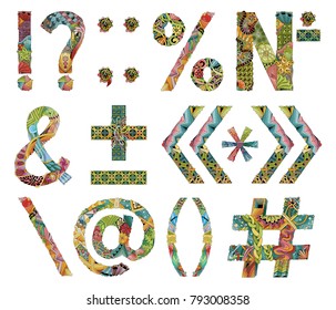 Unusual colorfull alphabet doodle style punctuation marks on a white background