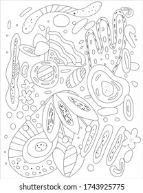 Unusual coloring book with different abstract shapes. Creative activity for adults and children. Sketch, black silhouette, outline, vector illustration.