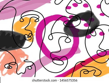 Unusual composition with cubism face, shapes, freehand colorful elements 