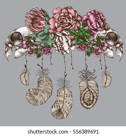 Unusual composition of flowers, skulls and bird feathers. Hand drawn vector illustration for your design or logo.