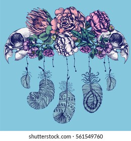 Unusual composition of flowers, skulls and bird feathers. Hand drawn vector illustration for your design or logo.