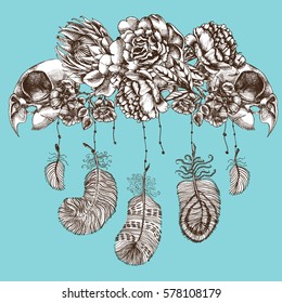 Unusual composition of flowers, skulls and bird feathers. Hand drawn vector illustration for your design or logo.