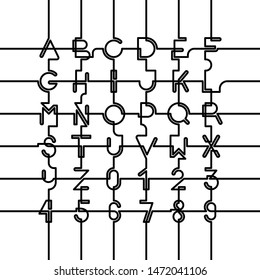 Unusual connected latin alphabet set. Linear upper case modern font, monoline typeface. Black capital letters and numbers drawn with single line isolated on white. Each element can be used separately