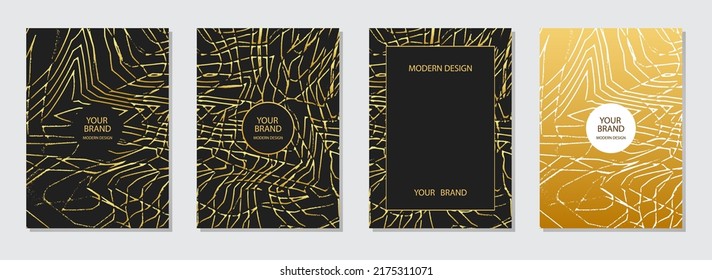 Unusual cover design. Modern pattern of scratches, lines on a black background. Collection of vertical templates, golden grunge texture for brochure, flyer, presentation, poster, book template.