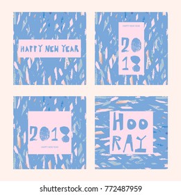 Unusual Creative Artistic Vector Background with hand drawn brush textures. Happy New Year Greeting card set, poster, banner, brochure or invitation card. Contemporary abstract festive graphic design