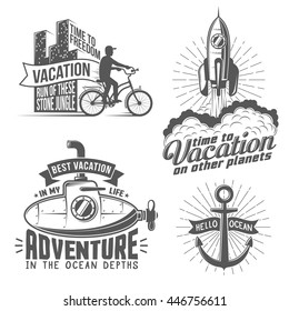 Unusual creative vacation logo with cyclist, rocket, submarine, anchor - vintage style. All badges can be easily disassembled into separate elements.