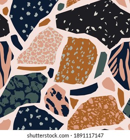 Unusual cut outs with animal skin seamless pattern. Leopard`s spotted fur texture and geometric shapes background in cool nordic colors. Trendy vector illustration for surface wrapping, fabric design