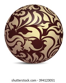 Unusual darck brown decorative glossy shine sphere ball with golden floral decor. Vector illustration for your design. 