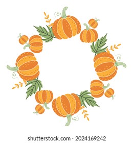 Unusual decorative round frame of pumpkins and fallen leaves. Autumn vegetable wreath for harvest day, Thanksgiving, Halloween. Simple clipart, element, object for design of invitations, postcards