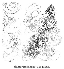 Unusual design abstract duck peacock bird coloring page for adults, duck beak bird with curly feathers ornate design in black and white isolated vector bird art, hand drawn.