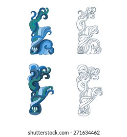 Unusual design of letters. E and F. Font with swirls, sea style.