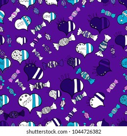 Unusual designs. Valentines day seamless background. Cute hearts love on violet, blue and white colors on nice background. Vector illustration.