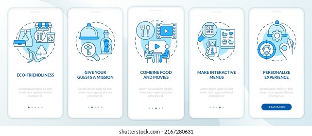 Unusual dining experiences blue onboarding mobile app screen. Walkthrough 5 steps editable graphic instructions with linear concepts. UI, UX, GUI template. Myriad Pro-Bold, Regular fonts used