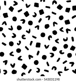 Ungewöhnliche Punkte nahtloses Muster. Skizzenhafter handgezeichneter Grafikdruck. Schwarz-weißer, gepunkteter Hintergrund. Grungy bemalten Ornament. Vektorpinselstriche zeichnen Designelemente auf. Tapete, Möbelstoff, Textilien.