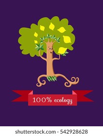 Unusual ecology icon. Merry fabulous lemon tree, juggling fruit on dark lilac background. Beautiful packaging for juice. Vector illustration.