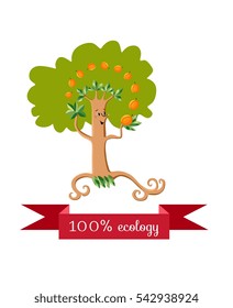 Unusual ecology icon. Merry fabulous apricot tree, juggling fruit on white background. Beautiful packaging for juice, jam, marmalade. Vector illustration.