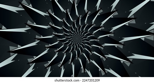 Unusual extraordinary beautiful wide horizontal illustration of a spiral black and white flower with numerous sharp petals in gradient black and white colors. Spiral effect. Abstract flower design wal
