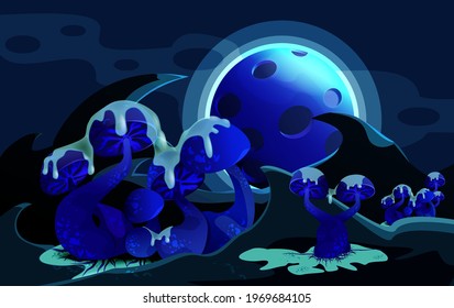 Unusual fairy mushrooms on the cosmic landscape. Blue mushrooms on the background of a fictional planet. Cosmic landscape.