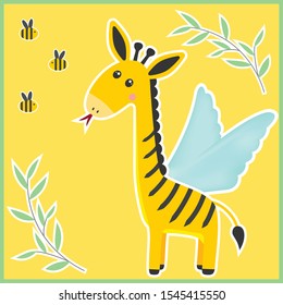 Unusual fantastic animal. Cute miracle beast made up of pieces of different animals. Funny creature includes body of a Giraffe, tail of a Lion, stripes of a Bee, tongue of a Snake, wings of a Moth.