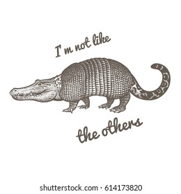 Unusual fantastic animal and phrase "I'm not like the others". Funny creature includes torso of armadillo, head of crocodile, tail of jaguar. Vector illustration. Black and white. Vintage engraving.