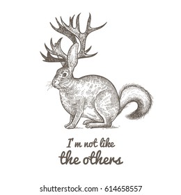 Unusual fantastic animal and phrase "I'm not like the others". Funny creature includes torso of hare, horns of reindeer, tail of skunk. Vector illustration. Black and white. Vintage engraving.