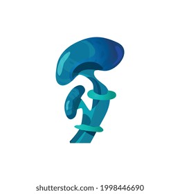 Unusual fantasy mushroom growing in alien nature. Magic poisonous psychedelic plant, toadstool blue color. Flat cartoon vector illustration isolated on white.
