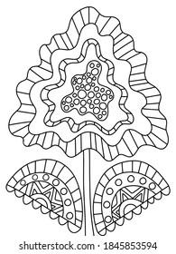 Unusual fantasy ornamental flower coloring page. Detailed blossom flower with two leaves black outline isolated on white. Wavy geometrical flower black and white stock vector illustration. 