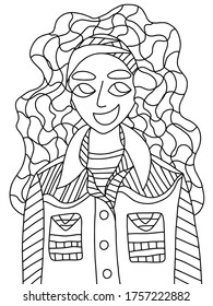 Unusual female coloring book page. Smiling modern young woman with curvy hair and shirt black outline. Summer female look with bandana street fashion. Cartoon woman artistic  unusual portrait. 
