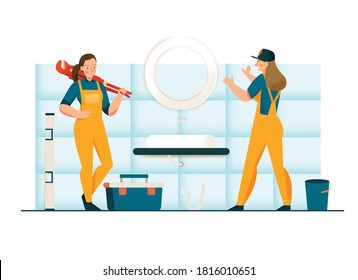 Unusual female profession concept with plumber symbols flat vector illustration