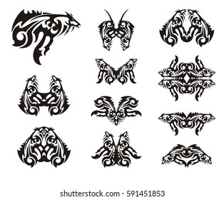 Unusual fish symbol and other symbols formed from it. Tribal abstract fantastic symbols in the black and white colors