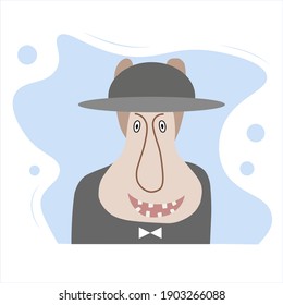 Unusual flat vector character. An ugly character with a hat, a character with a large nose, crooked teeth, and long ears. Looks like a goat and a donkey. Exotic animal