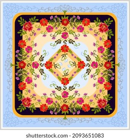 Unusual floral ornament in ethnic style. Flowering trees with colorful foliage form an openwork frame with their roots. Handkerchief, napkin, carpet, bandana.